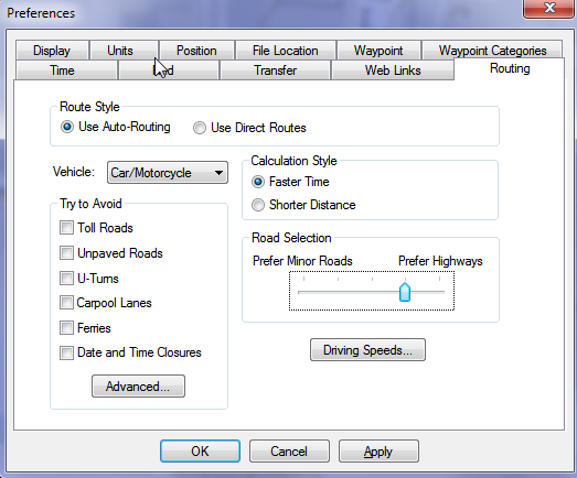 Mapsource Autorouting Settings
